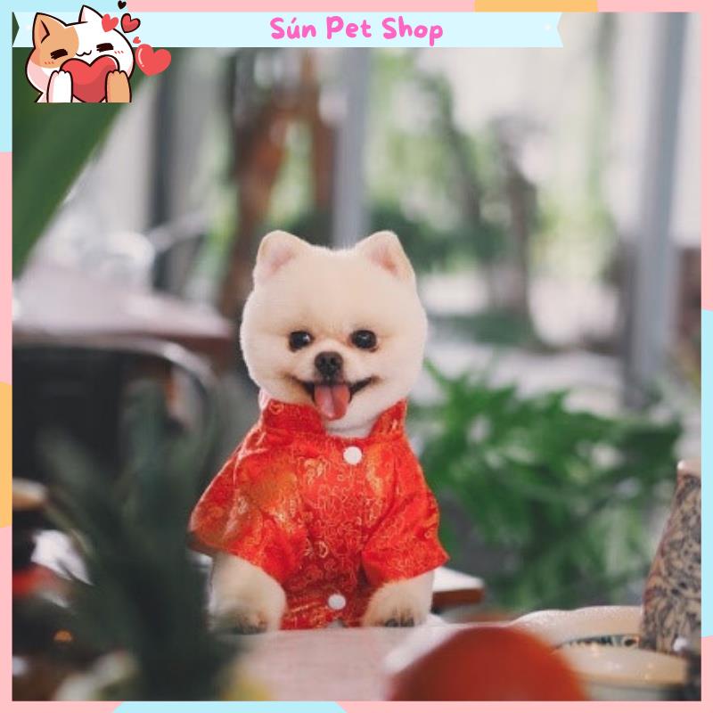 Áo Tết cho chó mèo, áo dài Tết vải gấm cho thú cưng