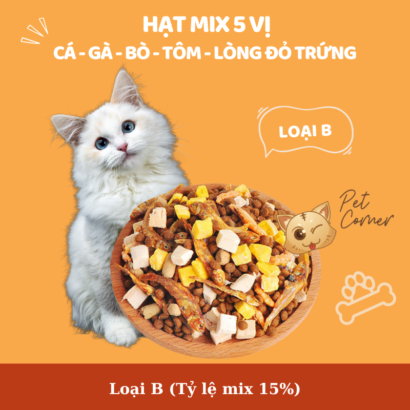 Hạt mix cao cấp cho mèo trộn thịt bò, gà, tôm, cá, lòng đỏ trứng, rau củ quả - Thức ăn hạt cho mèo kén ăn