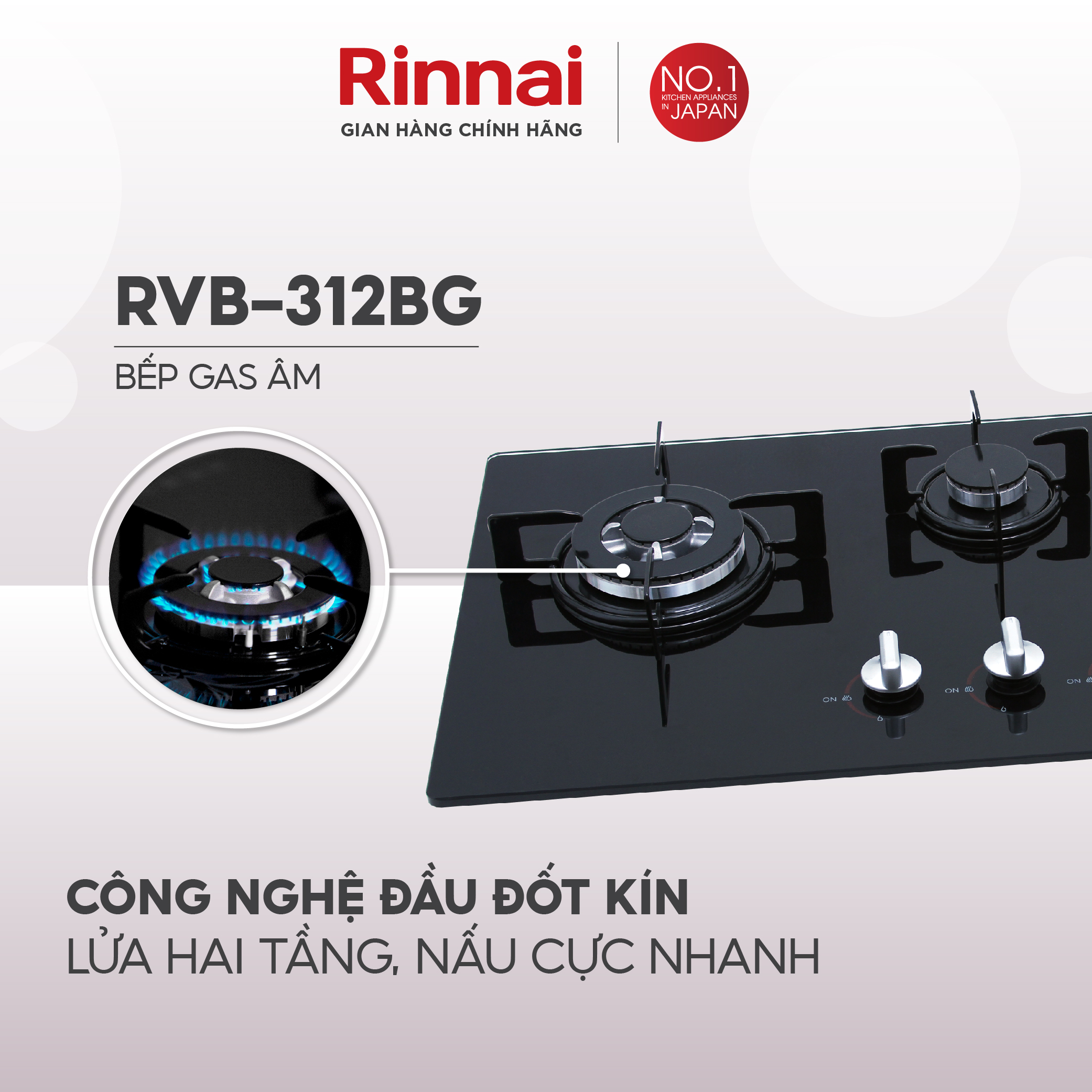 Bếp gas âm Rinnai RVB-312BG mặt bếp kính và kiềng bếp gang - Hàng chính hãng.