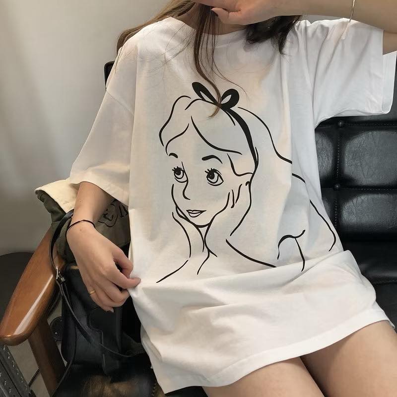 Áo pull/ Áo phông dáng dài Oversize hình Alice cho nữ