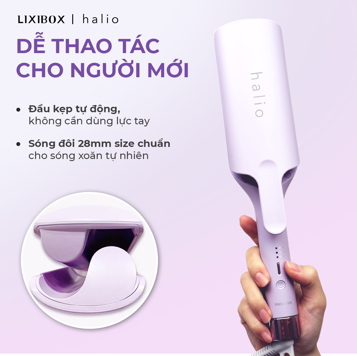 Máy Uốn Tóc Halio instaGlam Premium Hair Styler Tạo Xoăn Sóng Nước Hippie - Bóng Mượt x6 lần, Trục 28mm