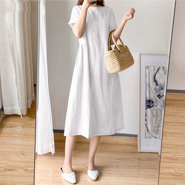 Đầm đũi trắng suông cổ tròn túi sườn, đầm trắng trơn kiểu dáng basic trẻ trung Da76