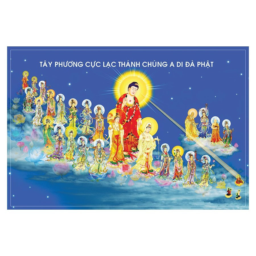 Tranh treo tường trang trí nhà cửa cán gỗ MDF cao cấp mẫu Phật tiếp dẫn Tây phương, Tranh Phật Giáo 2697