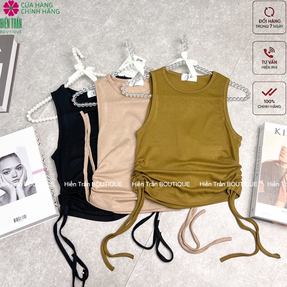 Áo ba lỗ croptop nữ Hiền Trần BOUTIQUE sát nách kiểu dây rút hai bên không tay dáng ôm body tank top vải cotton co giãn tốt