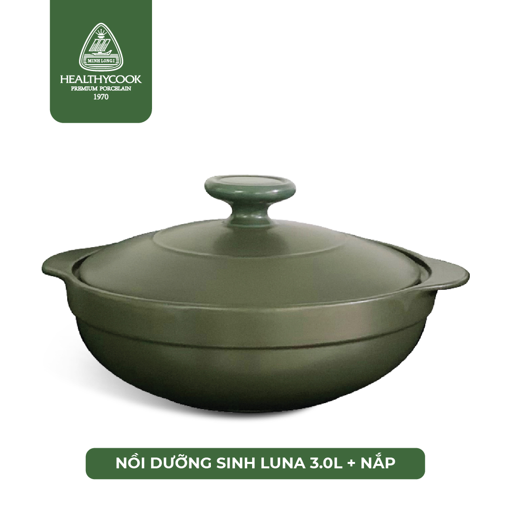 Nồi Sứ Dưỡng Sinh Minh Long - Luna cao cấp - 3.0 L - dùng cho Bếp Ga, Hồng Ngoại, có nắp đậy, tráng men màu sứ xanh rêu, có thể kho cá, hầm cháo - nồi đất