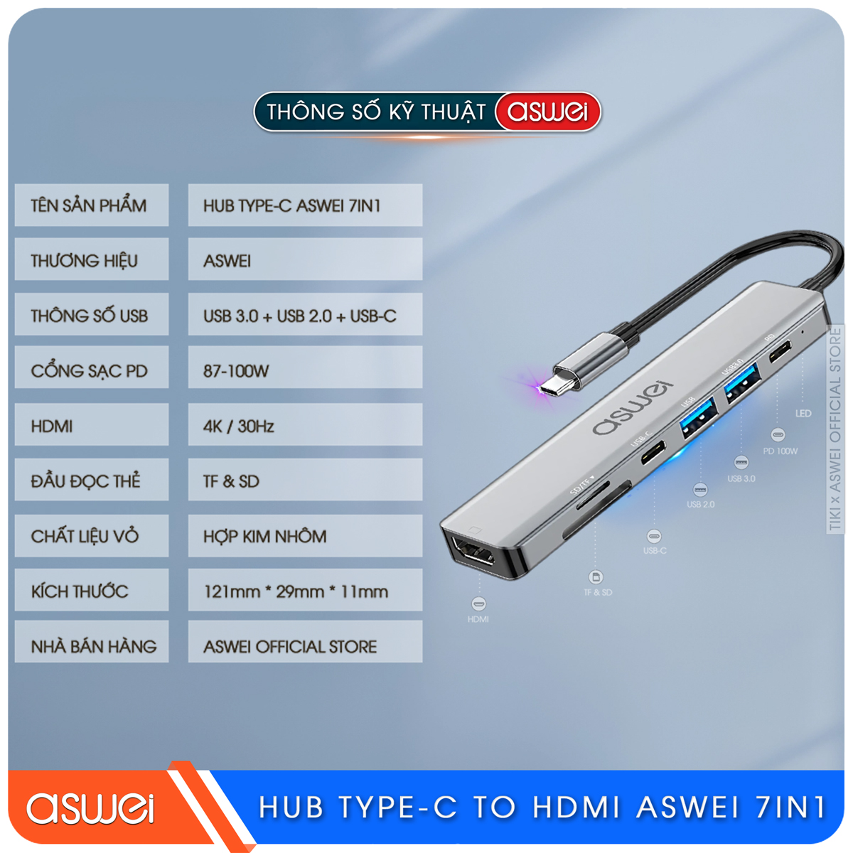 Hub Type C ASWEI 7 in 1 To HDMI, USB 3.0, SD, TF, USB-C, PD 100W - Hàng Chính Hãng