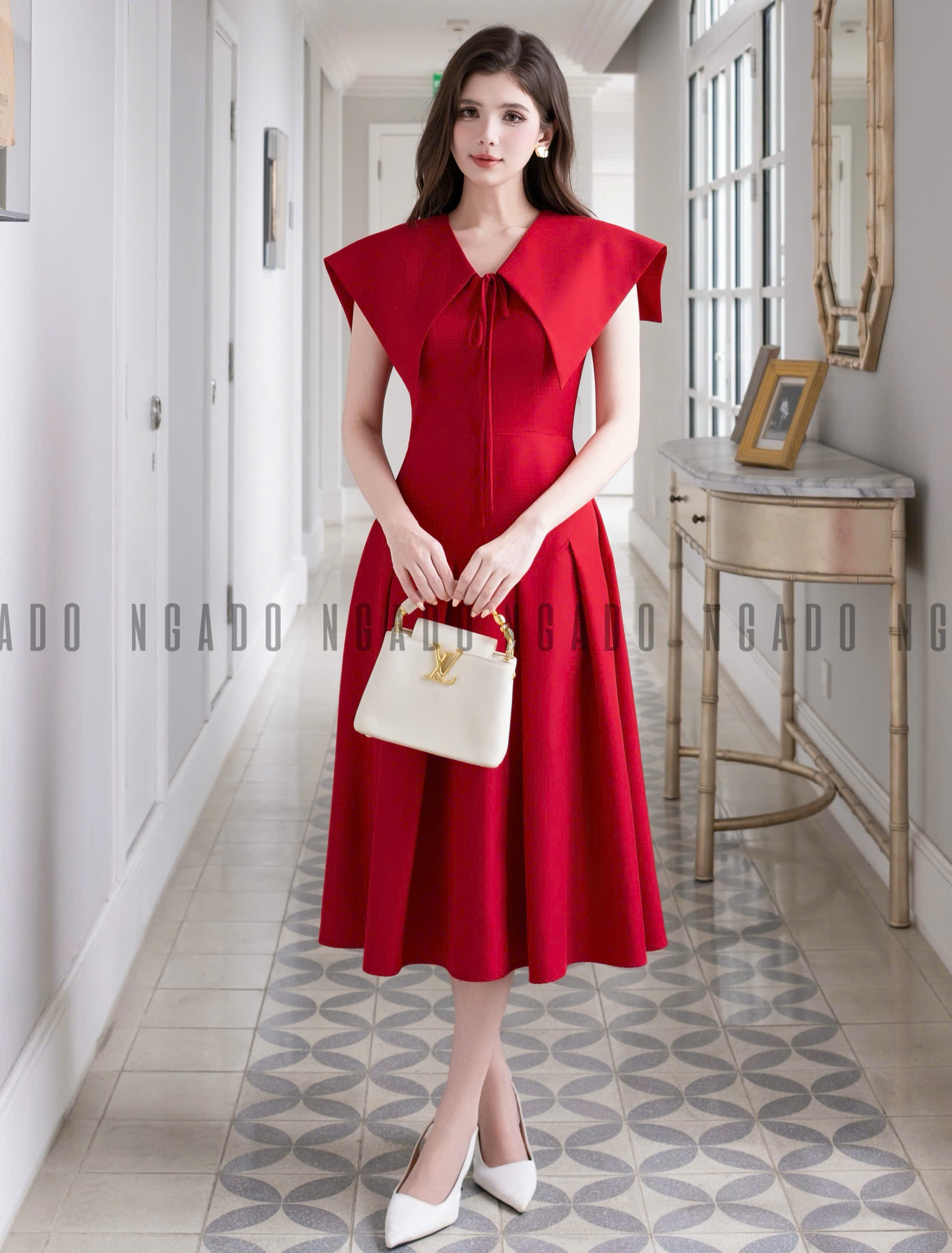 Đầm đỏ xếp ly cổ thuỷ thủ NGADO , đầm dài , đầm kiểu , đầm công sở , dự tiệc