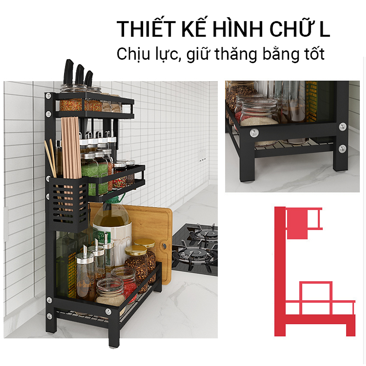 [CHÍNH HÃNG - LOẠI TỐT] Kệ gia vị chữ E 3 tầng cao cấp DODODIOS bằng thép carbon chống gỉ, chống xước, kệ đựng chai lọ gia vị đa năng, kệ để đồ nhà bếp gọn gàng, sang trọng