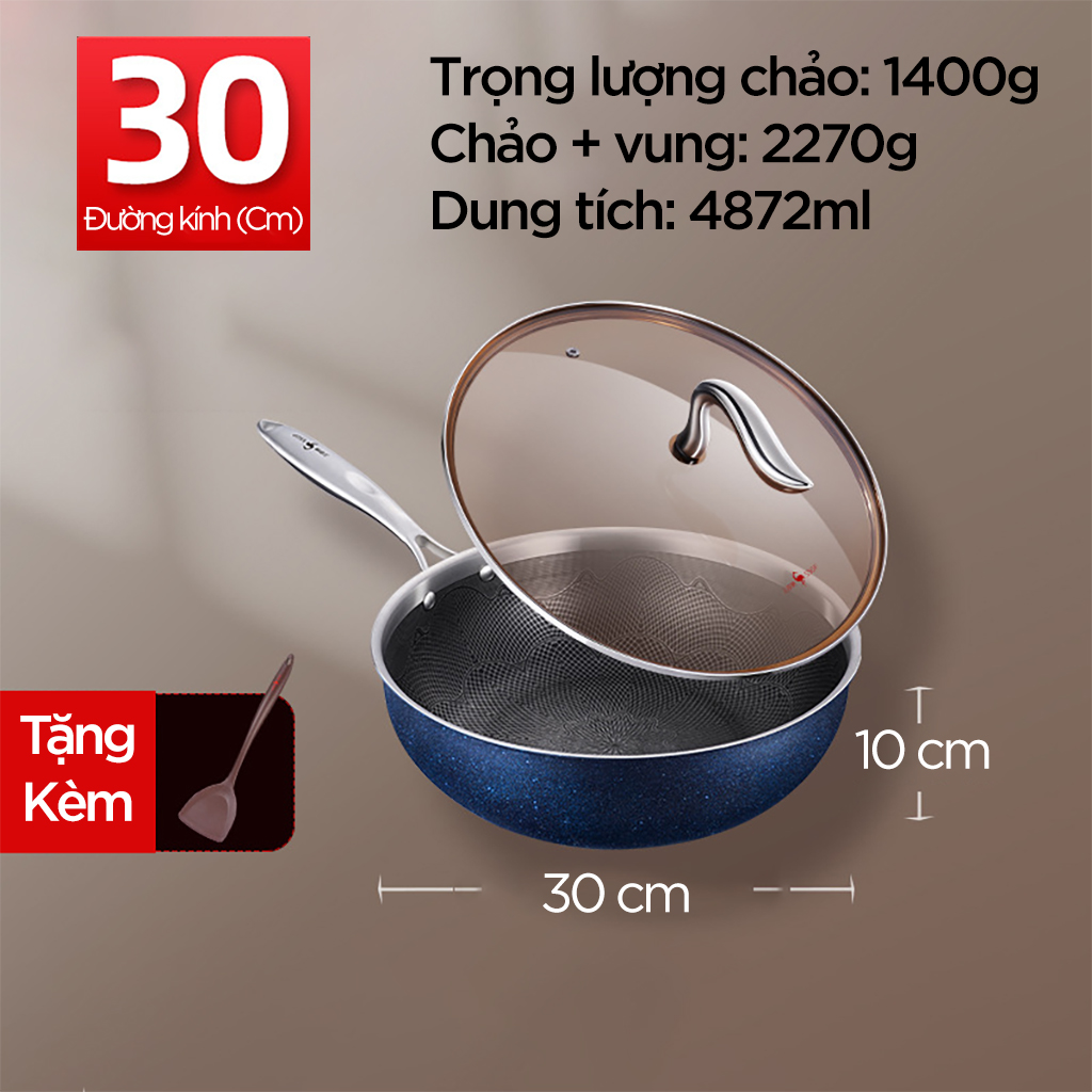 Chảo Chống Dính Bếp Từ Sâu Lòng Có Nắp 30cm Inox 304 Kim Cương Xanh Đạt Chất Lượng Đức SSGP