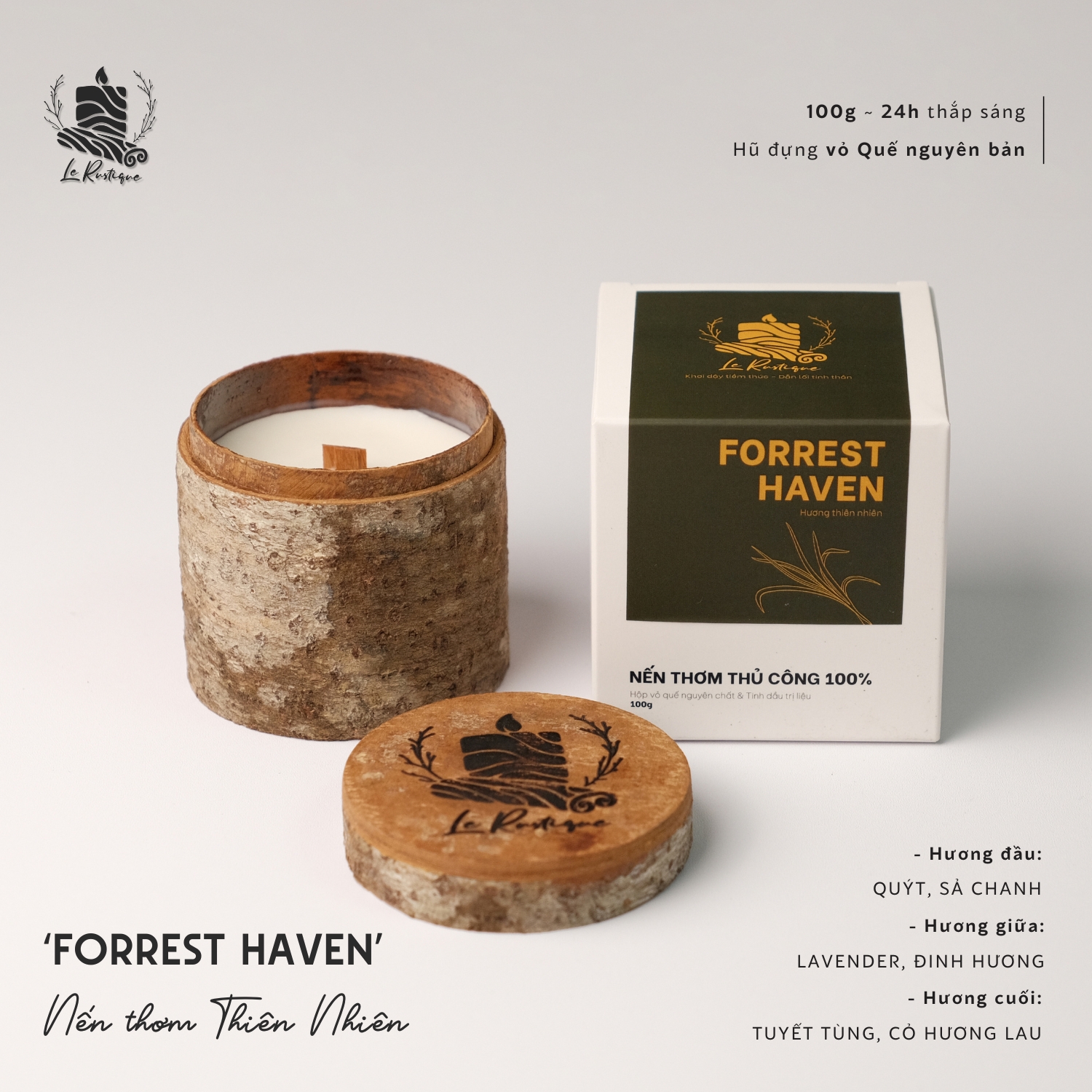 Nến Thơm Thủ Công Le Rustique Mùi Thiên Nhiên (Forrest Haven) - 100g/ 200g - Có Kiểm Định Chất Lượng - Hũ Nến Vỏ Quế Tự Nhiên - Nến Thơm Thư Giãn Trị Liệu - Nến Thơm Thiên Nhiên