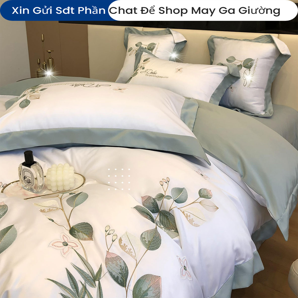 Bộ Chăn Ga Gối Đệm Phi Lụa Tencel Silk Green Lead Home ANNA NGUYÊN Bộ Chăn Ga 5 Món Drap Giường Phi Bóng Cao Cấp Chăn Chần Bông