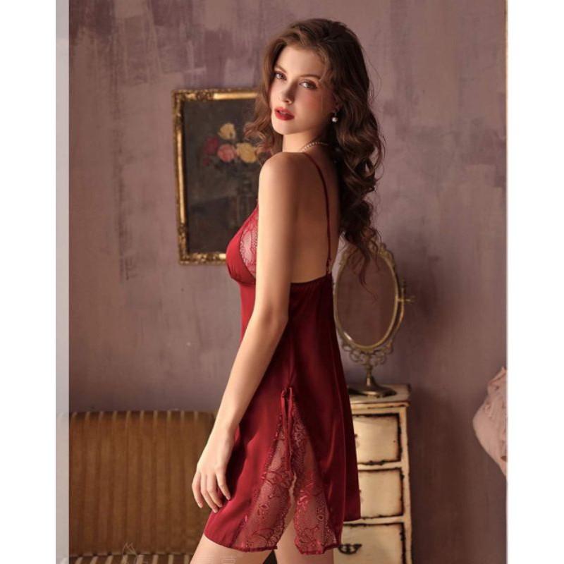 Váy ngủ lụa 2 dây phối ren xẻ tà sexy tặng kèm chip ren