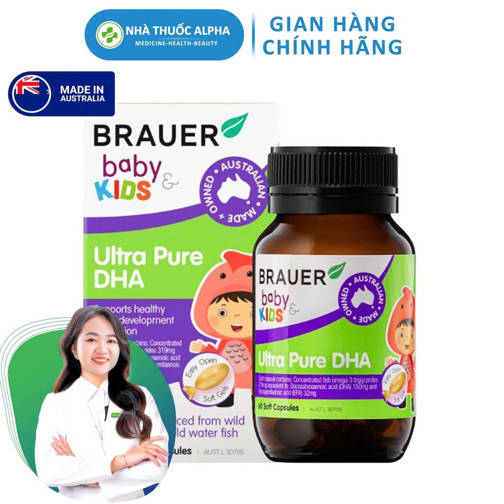 Viên uống Vitamin Brauer Ultra Pure DHA Bổ sung DHA tinh khiết cho trẻ từ 7 tháng 60 Viên