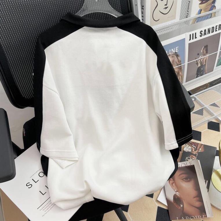 Áo Polo Cổ Khóa Pha Đen Trắng Thêu Sao Unisex Dáng Rộng