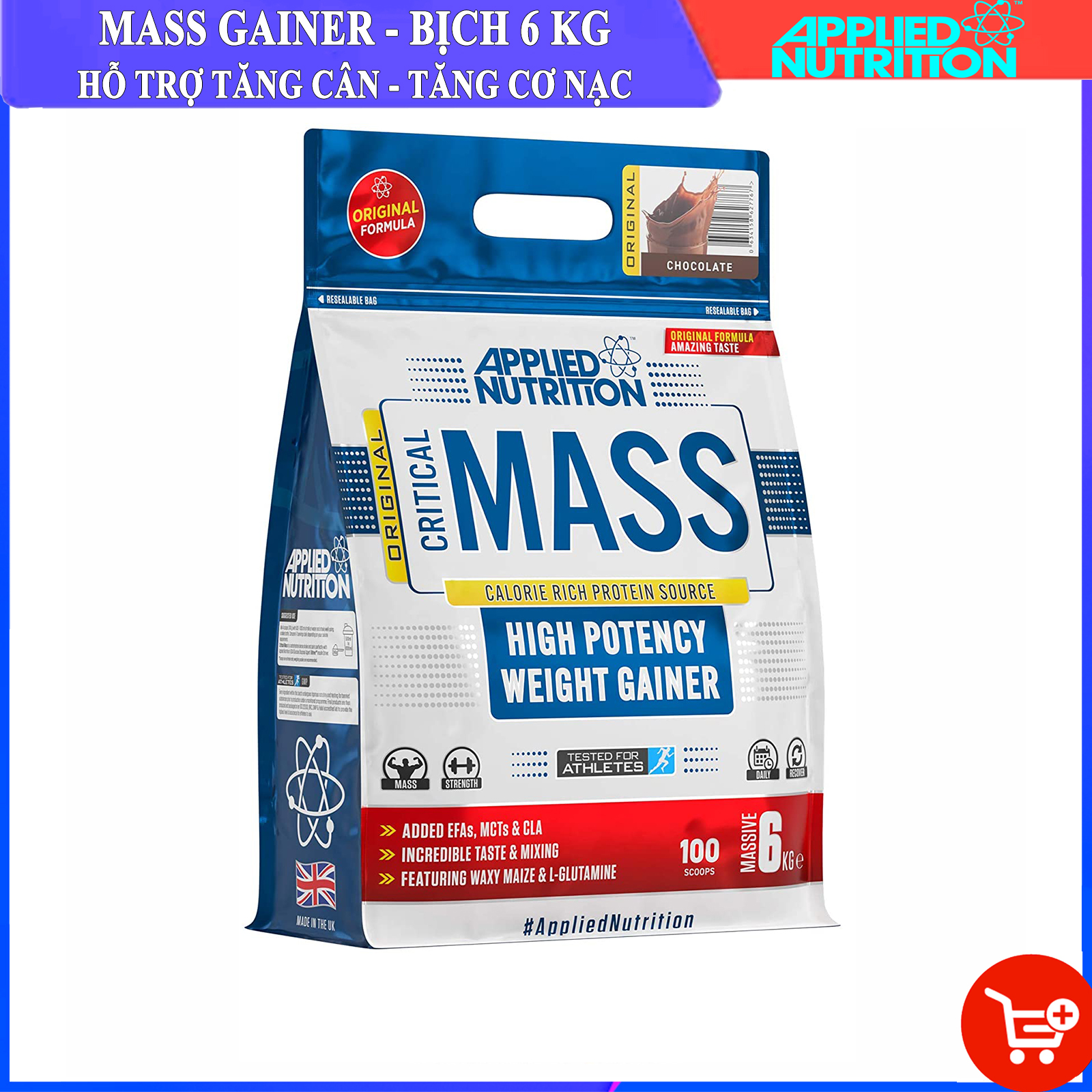 Sữa tăng cân tăng cơ nạc Original Critical Mass của Applied Nutrition bịch 6kg hỗ trợ tăng cân, tăng cơ nhanh cho người gầy