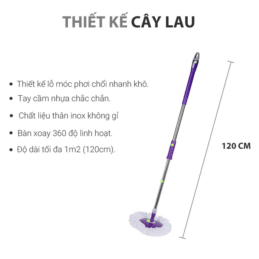 Cây Lau Nhà Xoay 360 kèm bông lau màu trắng siêu mềm