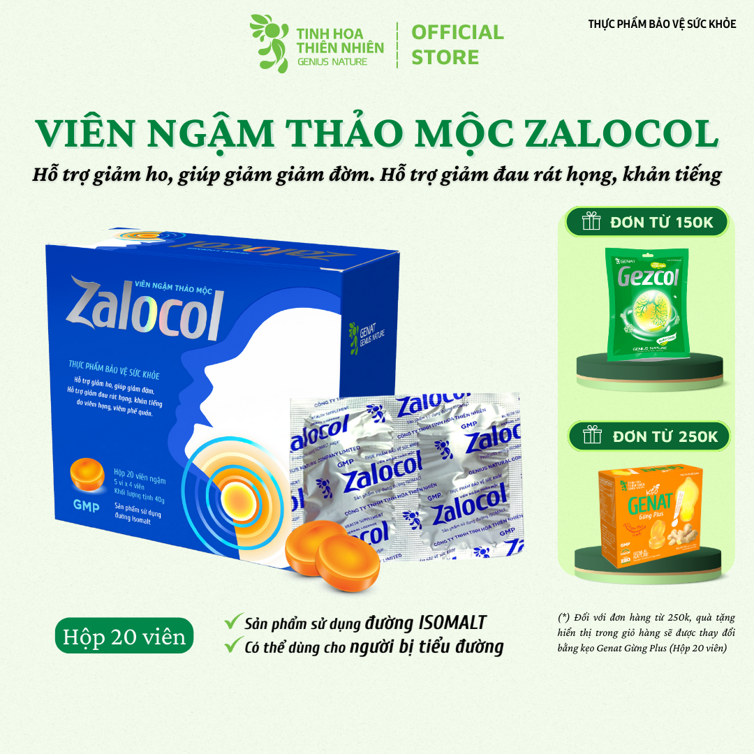 Viên ngậm Ho thảo mộc Zalocol hỗ trợ giảm đau rát họng, khản tiếng do viêm họng, viêm phế quản (Hộp 20 viên) - Genat
