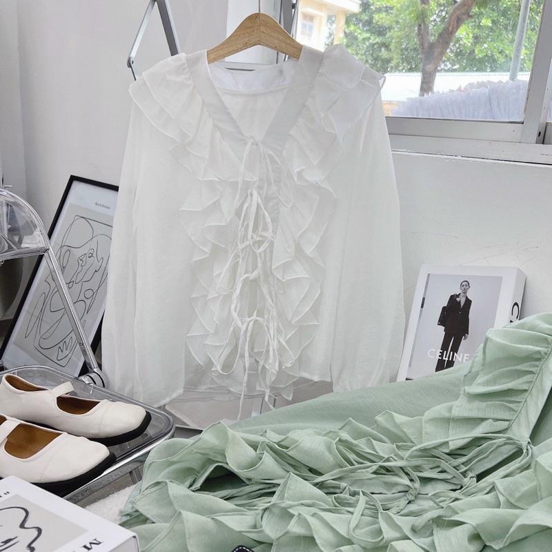 Áo Viền Bèo Thắt Nơ Trước Áo 2 Màu Xanh, Trắng Siêu Xinhh