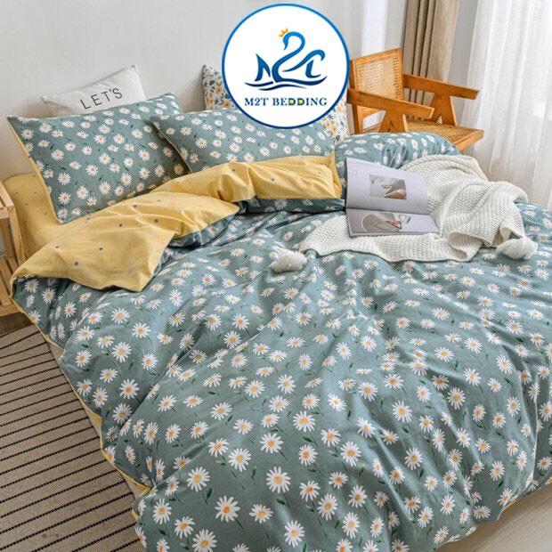 Bộ chăn ga gối Cotton polt M2T bedding Hoa cúc mới, vỏ chăn mền, drap nệm và 2 vỏ gối