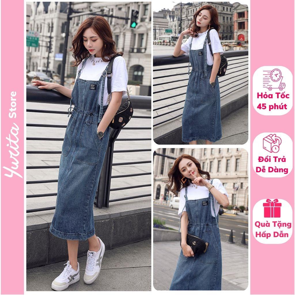 Yếm Váy Jeans Nữ Yurita Chất Bò Phối 2 Túi Trước Kèm Dây Rút Eo Mang Phong Cách Ulzzang Hàn Quốc