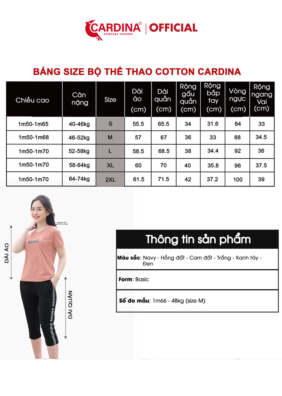 Đồ Bộ Nữ CARDINA Chất Cotton Cao Cấp Kiểu Dáng Thể Thao Bộ Mặc Nhà Áo Cộc Tay In chữ Quần Lửng 2CF02