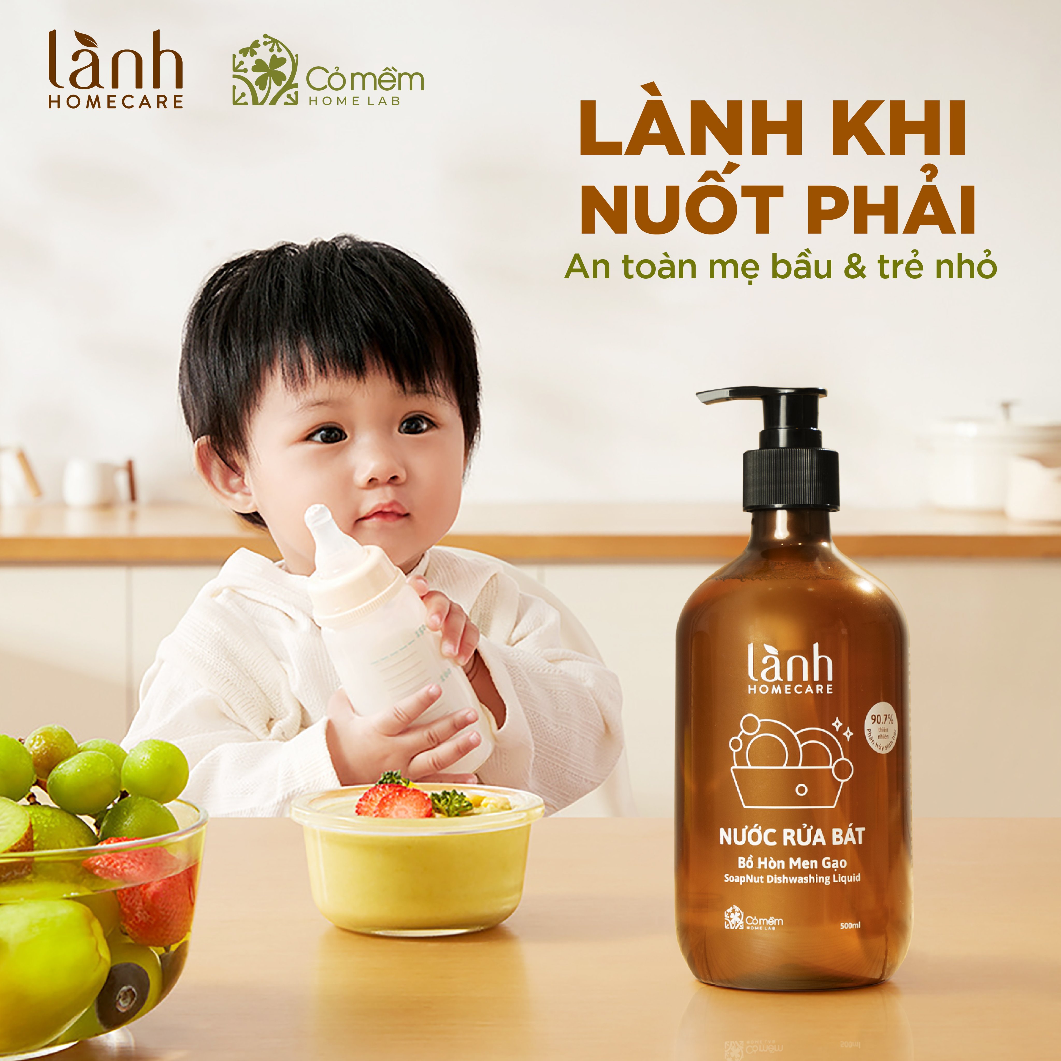 Nước Rửa Bát Thiên Nhiên Lành Homecare Chiết xuất Từ Bồ Hòn Men Gạo An Toàn Cỏ Mềm 500ml