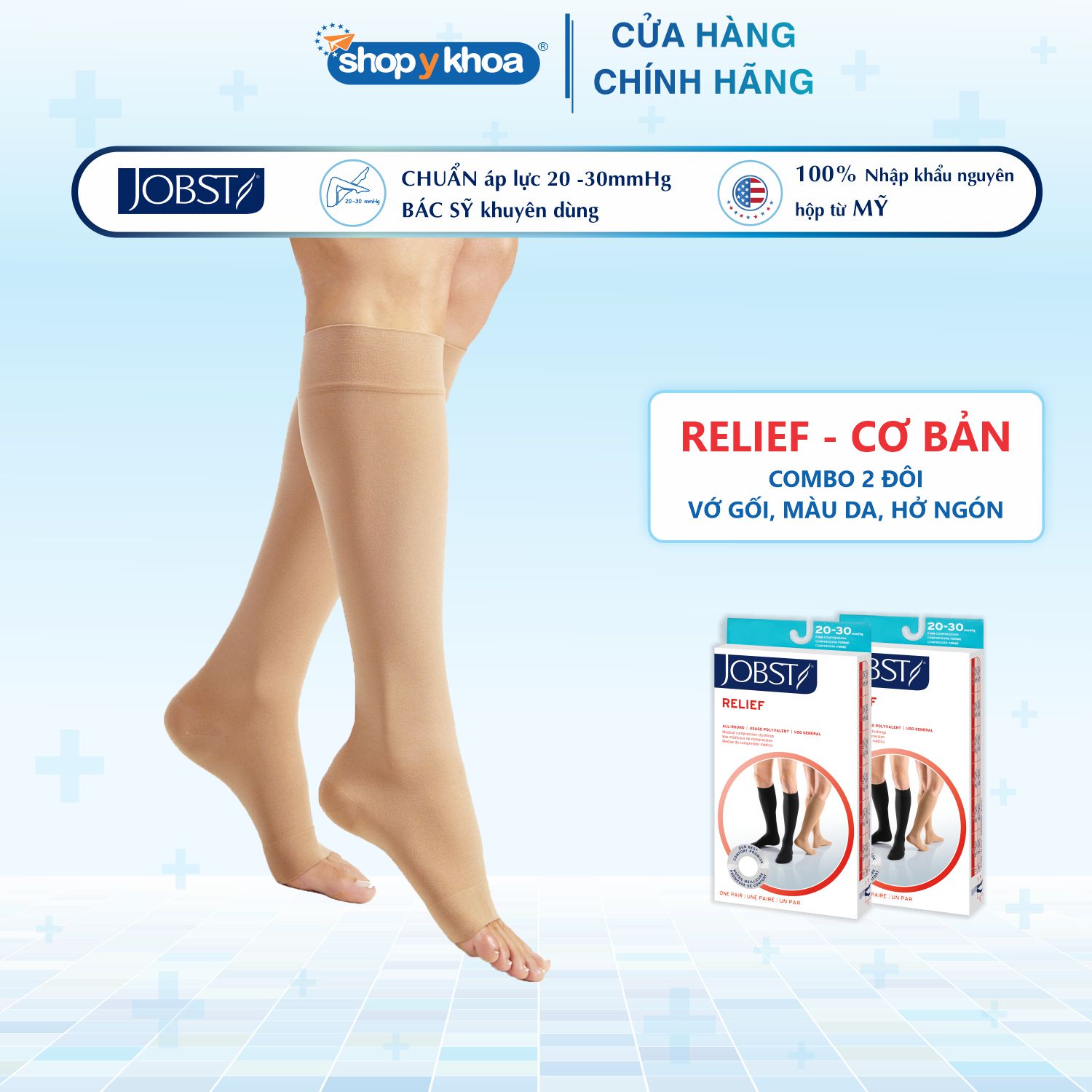Combo 02 Đôi Vớ JOBST Relief Gối, Màu Da, Hở Ngón, Giãn Tĩnh Mạch, Áp Lực 20-30 (Tất Y Khoa)