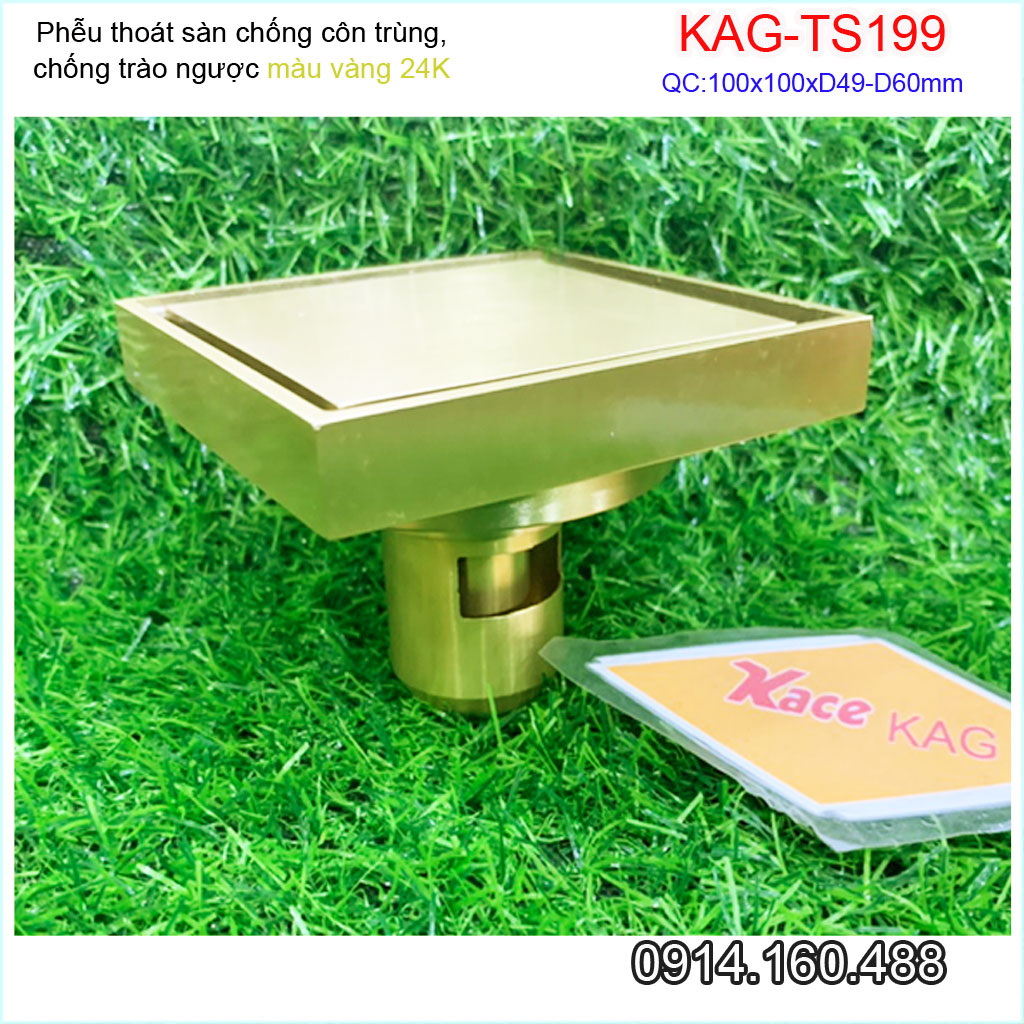 Thoát sàn vàng 24K KAG-TS199 vuông 10x10cm ống D49-60-90, thoát sàn chống hôi phễu thu nước mặt vàng óng ánh thiết kế sang trọng sử dụng tốt