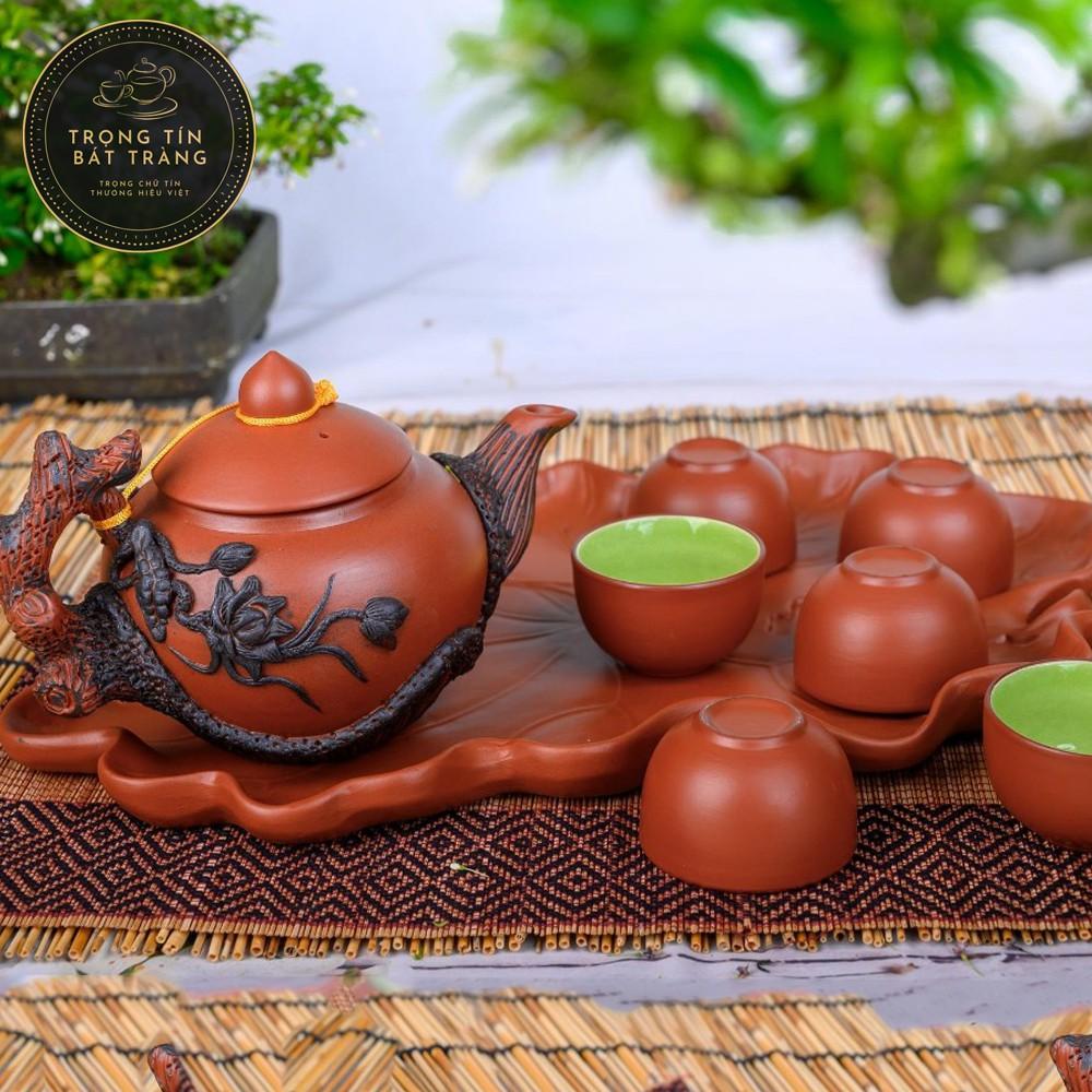 Bộ Ấm Chén Trà Đạo Gốm Tử Sa Bát Tràng Đắp Nổi Hoa Sen Dáng Thủy Bình Dung Tích 400ml ATSML 01.3