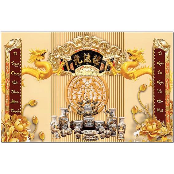 Hình mâm ngũ quả, liễng thờ, trang trí phía sau bàn thờ, rồng phụng đèn thờ câu đối trang trí dán sau bàn thờ gia tiên