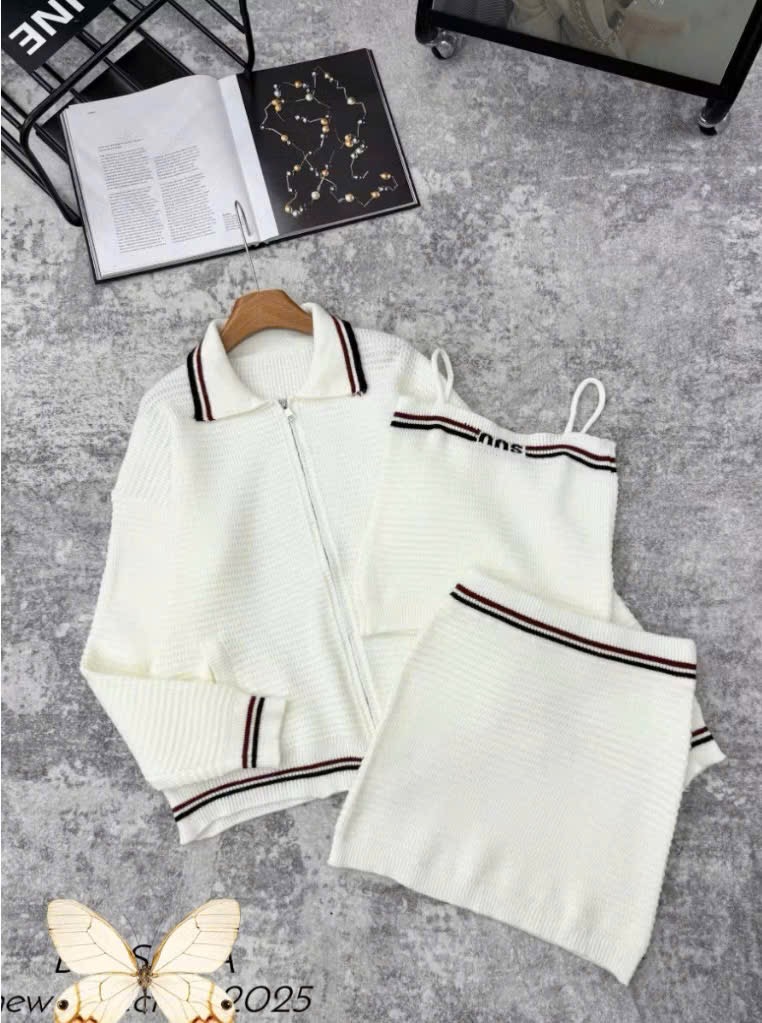 Set Len 3 Món Áo Khoác Cardigan Khóa Kèm Áo 2 Dây Crotop Mix Chân Váy Ôm