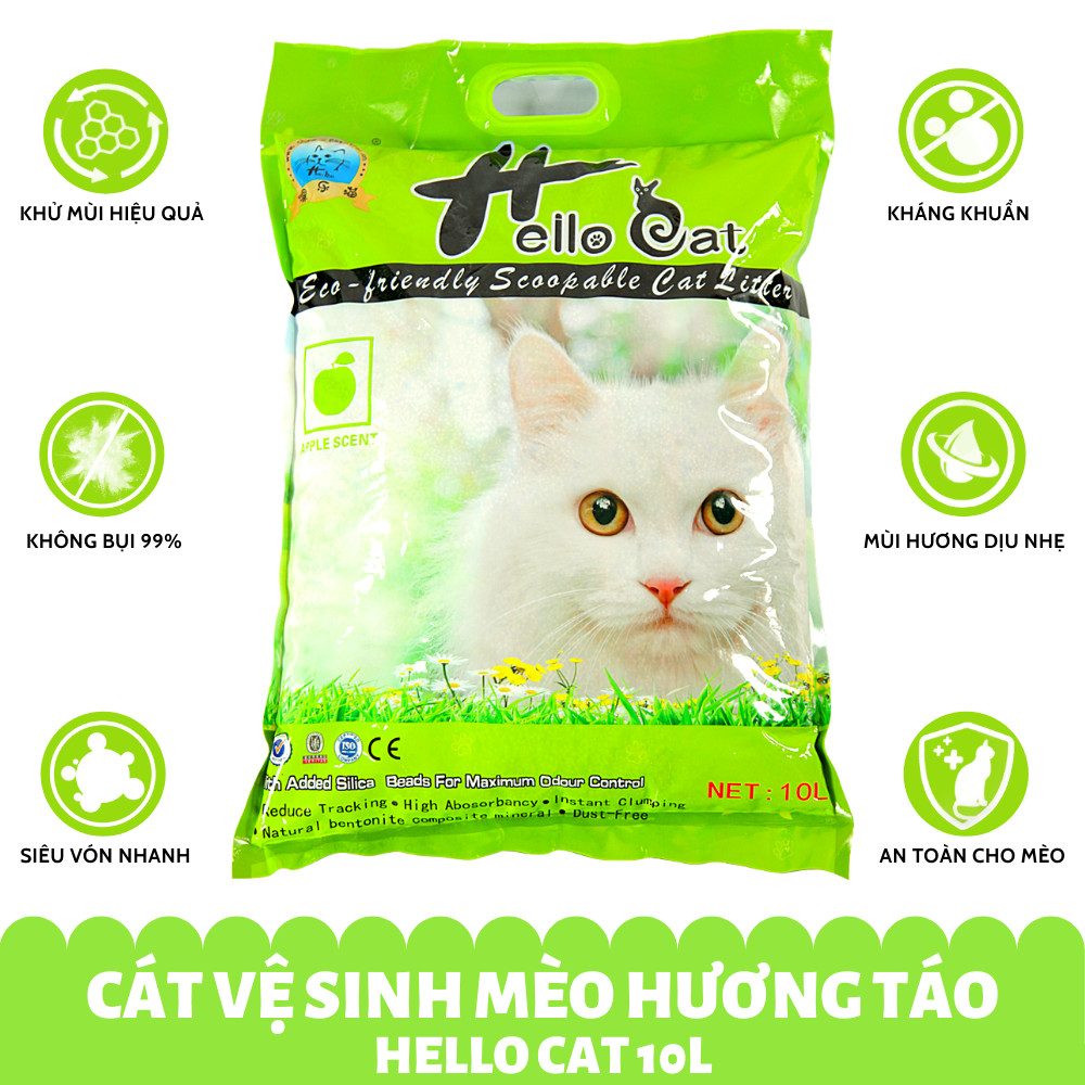 Cát Vệ Sinh Thái Lan Dành Cho Mèo Hương Táo Không Bụi Vón Nhanh Mùi Hương Dịu Nhẹ Dễ Chịu Hello Cat Apple Bentonite Sand (10L/7KG) - TẶNG 1 Lon Pate Hello Cat Pate Mùi Ngẫu Nhiên 190G