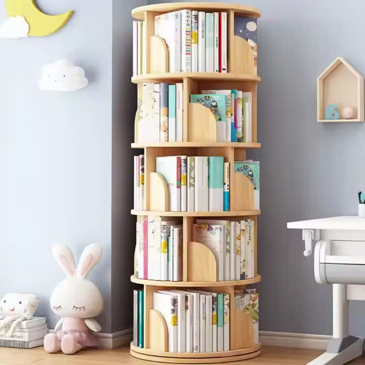 Kệ sách 4-5 tầng giá sách giá đỡ sàn sáng tạo xoay 360 độ giá sách bằng gỗ cho trẻ em sử dụng tại nhà