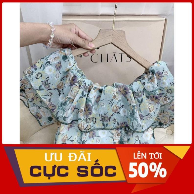 VÁY HOA XANH VOAN TRỄ VAI BÈO TẦNG 2 LỚP