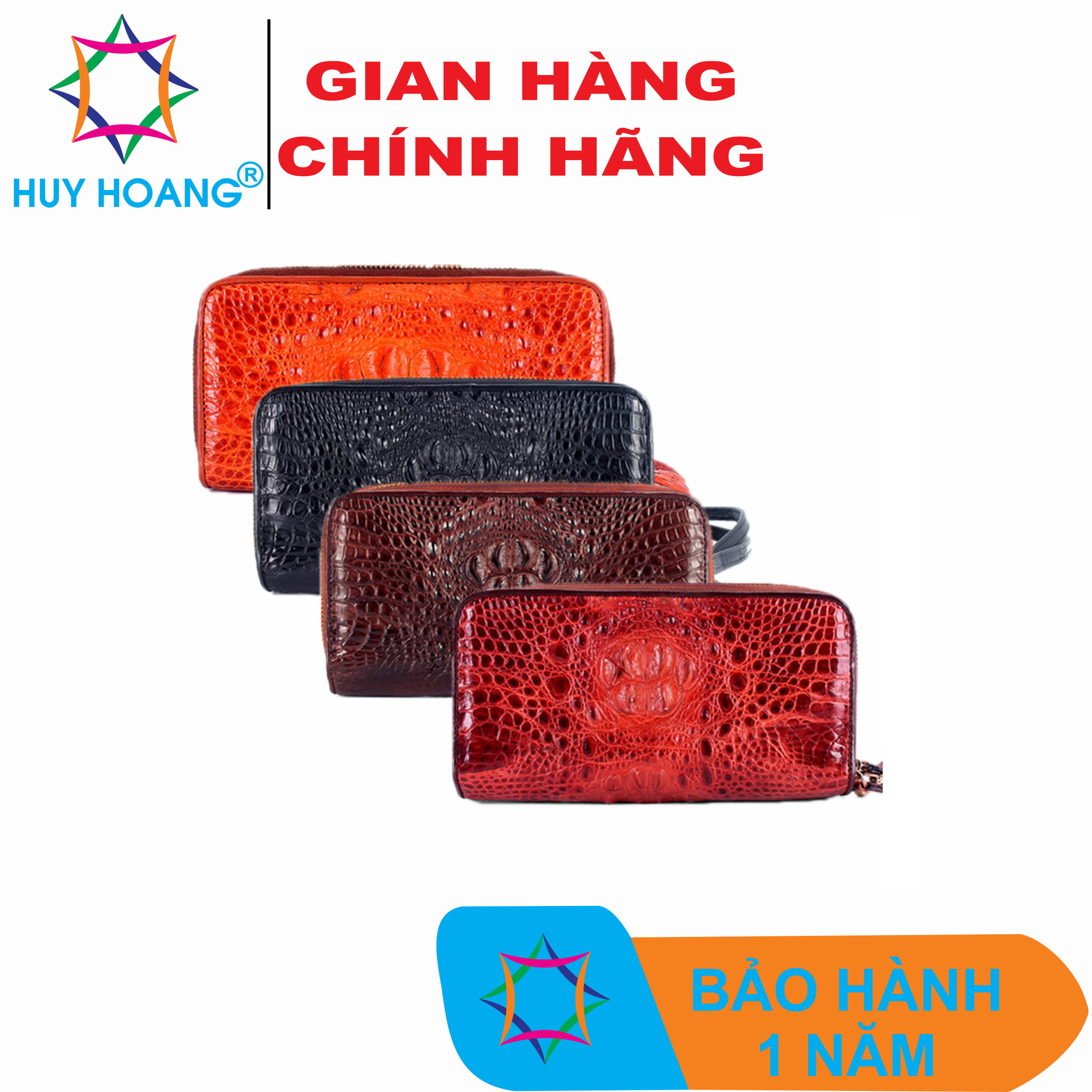  Bóp nữ da cá sấu Huy Hoàng 2 khóa nguyên con màu đen, nâu đỏ, nâu đất, vàng bò HT3260-61-62-63