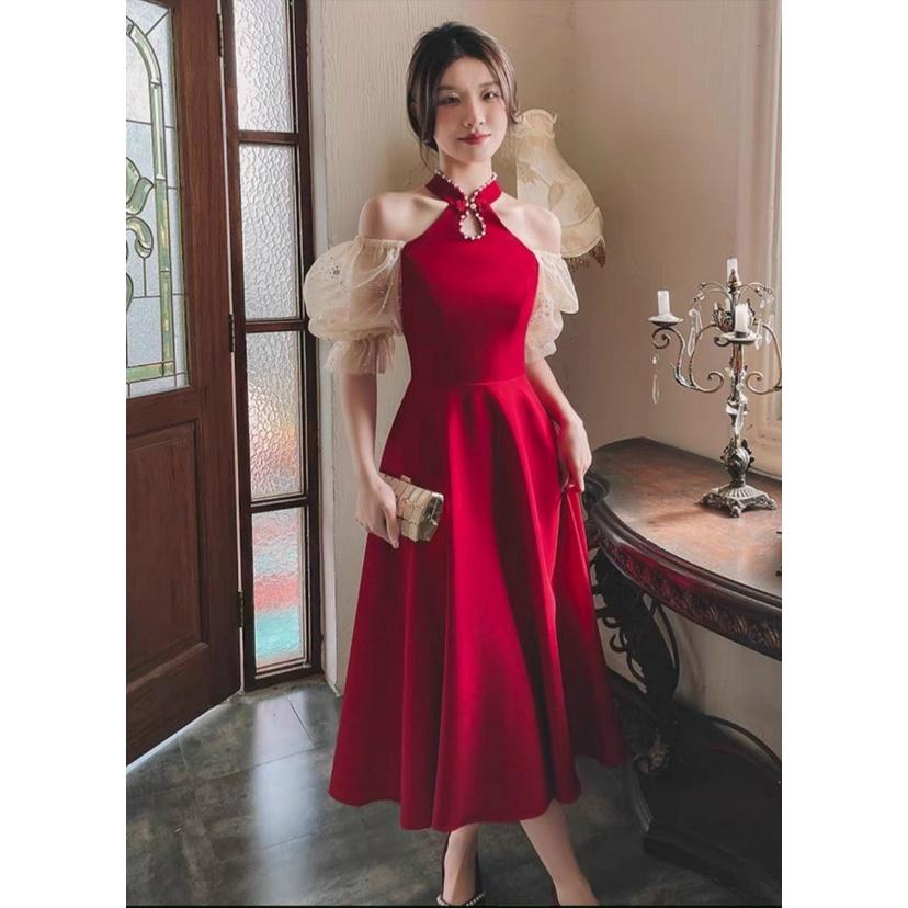 Váy đầm nữ dáng xòe trễ vai cổ tàu tay bồng kim sa kiểu dáng sang chảnh và thời thượng