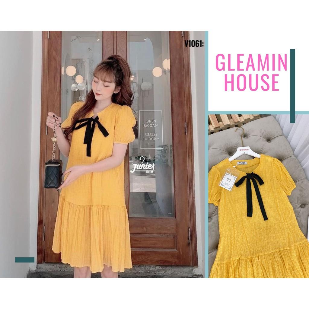 Đầm đuôi cá - Váy babydoll đũi xốp vàng tay bồng thắt nơ cực xinh