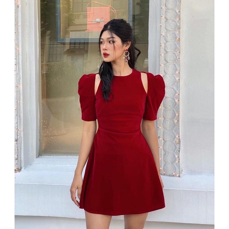 Đầm váy nhung đỏ tay bồng xẻ vai tiểu thư