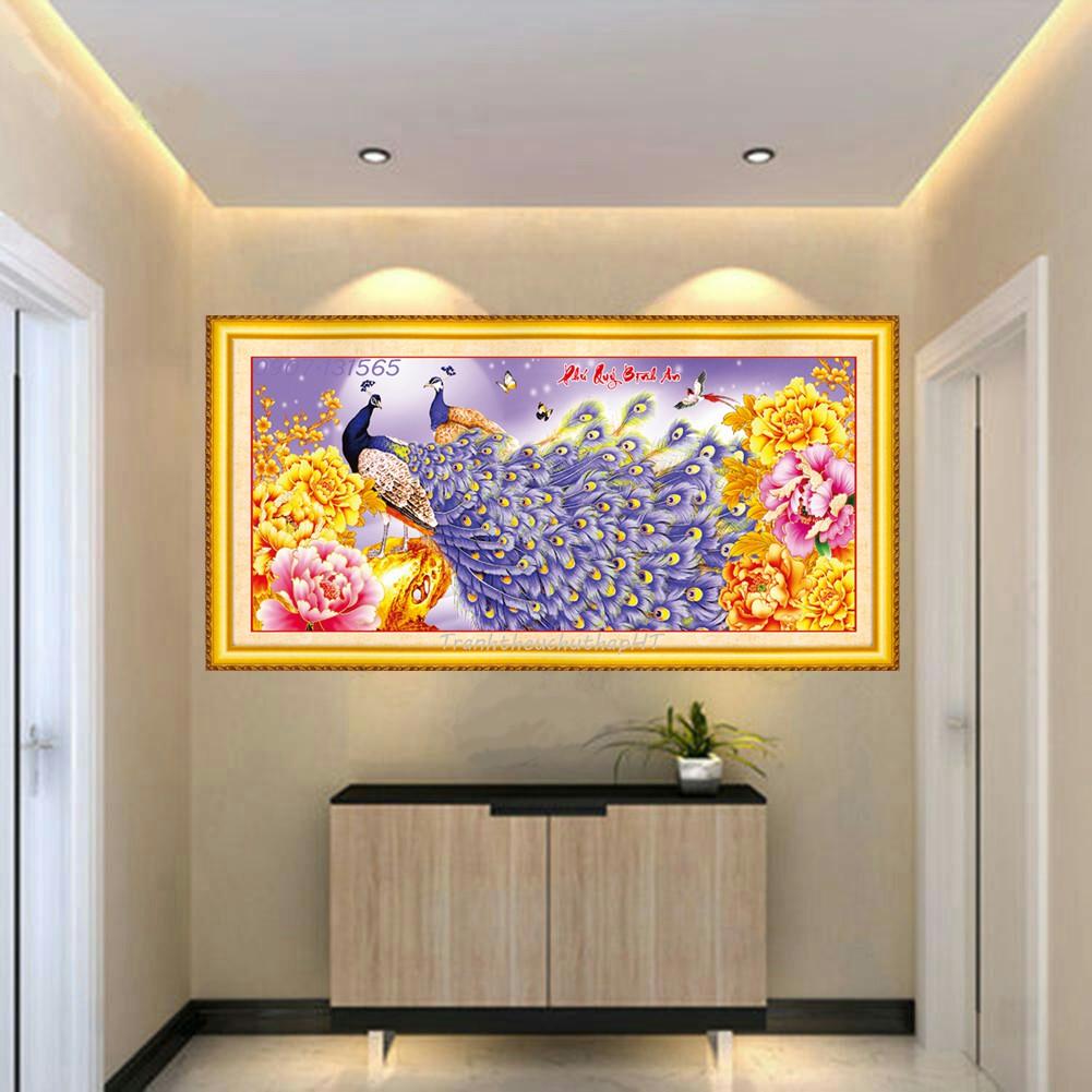 Tranh đính đá đôi chim công Phú quý bình an 115*52cm