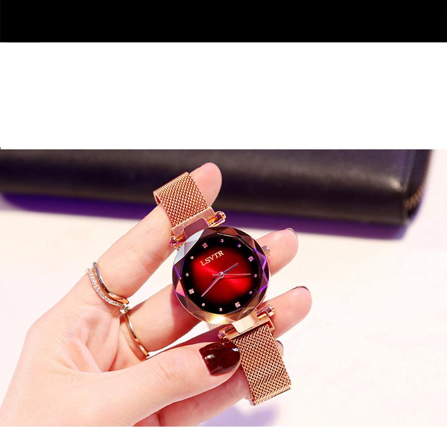 Đồng hồ nữ Mặt 3D thời trang quý phái dây thép mành khóa nam châm_Mặt đỏ