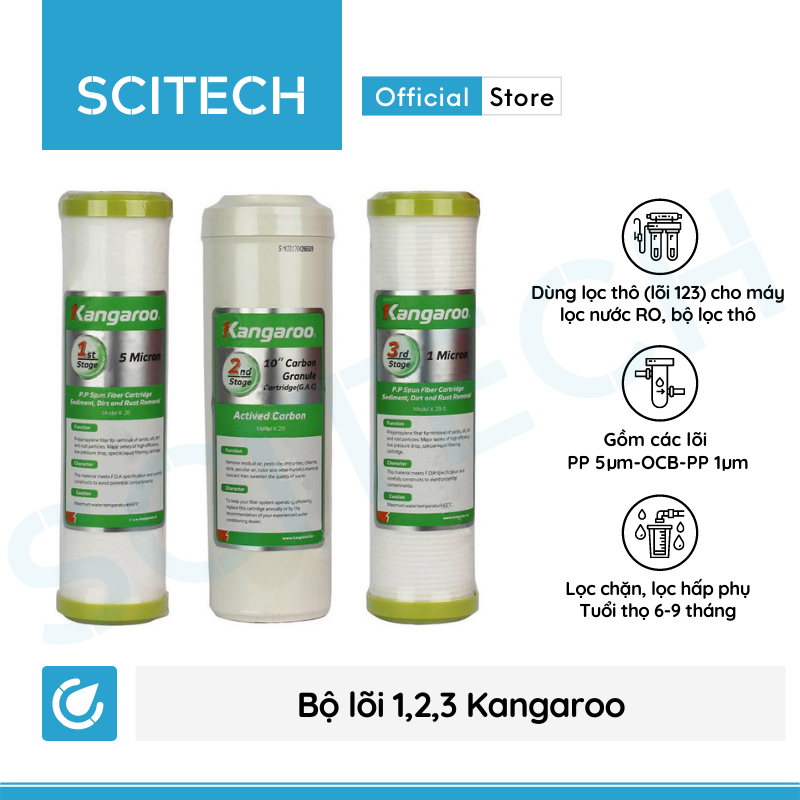 Bộ lõi số 1,2,3 10 inch by Scitech (Lõi PP5-OCB-PP1 dùng thay thế máy lọc nước Karofi, Kangaroo, Mutosi) - Hàng chính hãng