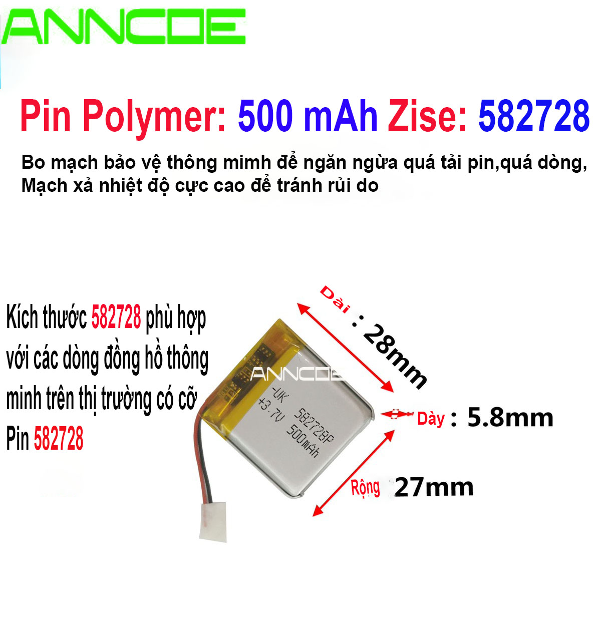 Pin ANNCOE 500 mAh - Zise: 582728 thay thế cho các loại đồng hồ thông minh trên thị trường - Hàng Nhập Khẩu