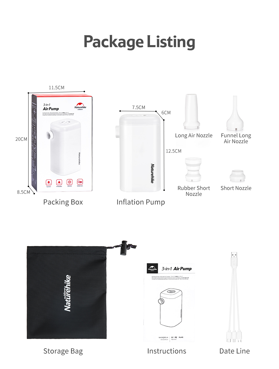 Đồ cắm trại Máy bơm hơi kiêm sạc dự phòng Naturehike NH18Q001-A du lịch dã ngoại đa năng nhiều đầu bơm kiêm đèn A122