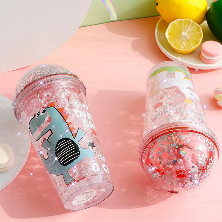 Cốc Uống Nước Cute Có Nắp Và Ống Hút 500ml, Ly Uống Nước Họa Tiết Kim Tuyến Khủng Long Dễ Thương