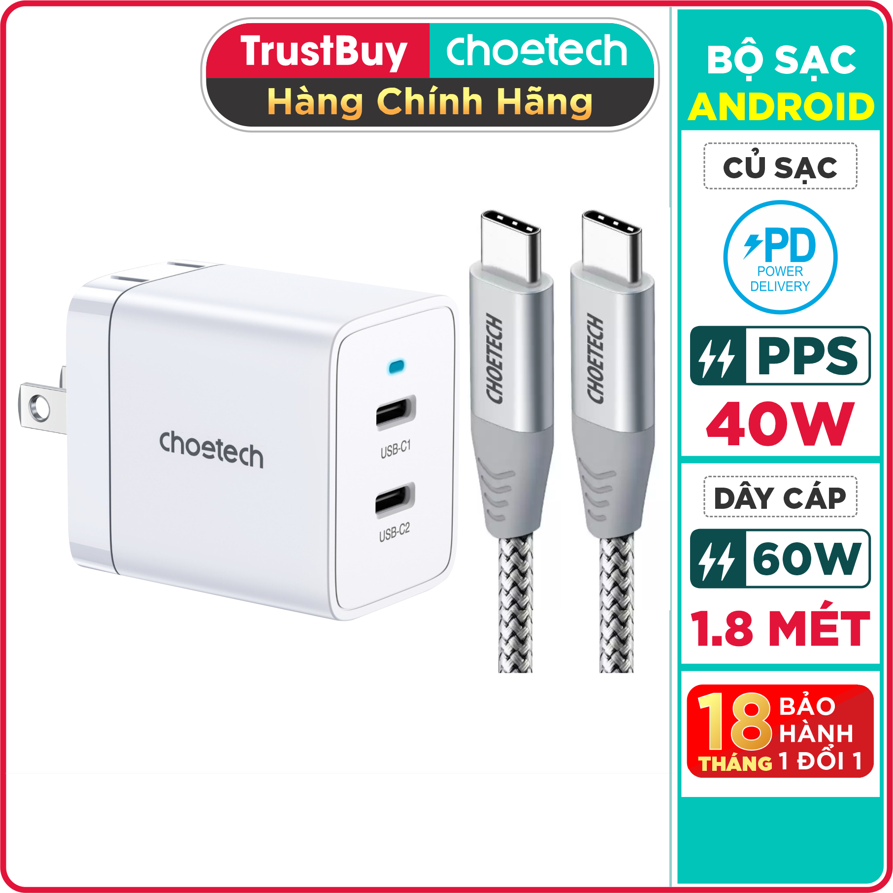 Bộ Củ Sạc Nhanh Android CHOETECH Q5006 Sạc 1 Cổng Type C 40W, 2 Cổng Type C 20W, Và Cáp C to C Dài 1.2M 60W CC0005-S - Hàng Chính Hãng