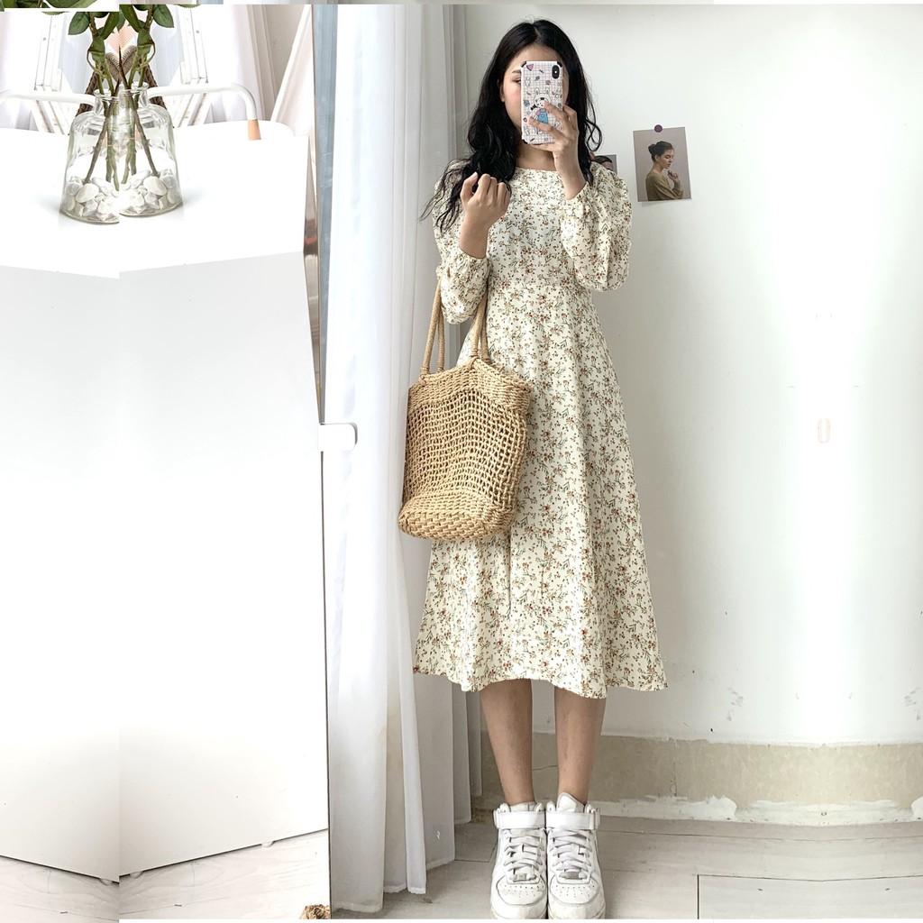 Váy hoa nhí dáng dài, đầm dự tiêc maxi hàng thiết kế 2 lớp cao cấp kèm dây thắt eo Ảnh thật D18