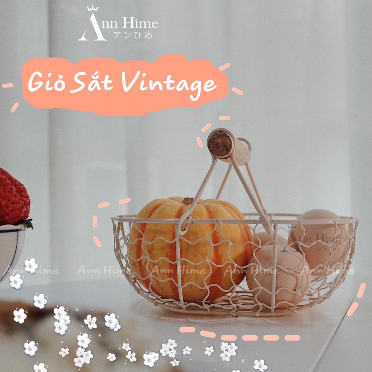 Giỏ Đựng Đồ Đựng Trái Cây Hoa Quả Bằng Sắt Tay Cầm Gỗ Dáng Retro Cổ Điển