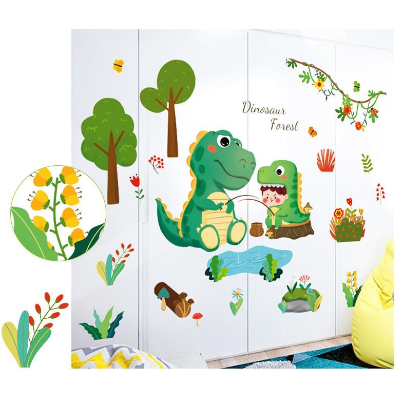 Decal dán tường trang trí - KHỦNG LONG CÂU CÁ ĐÁNG YÊU CHO BÉ