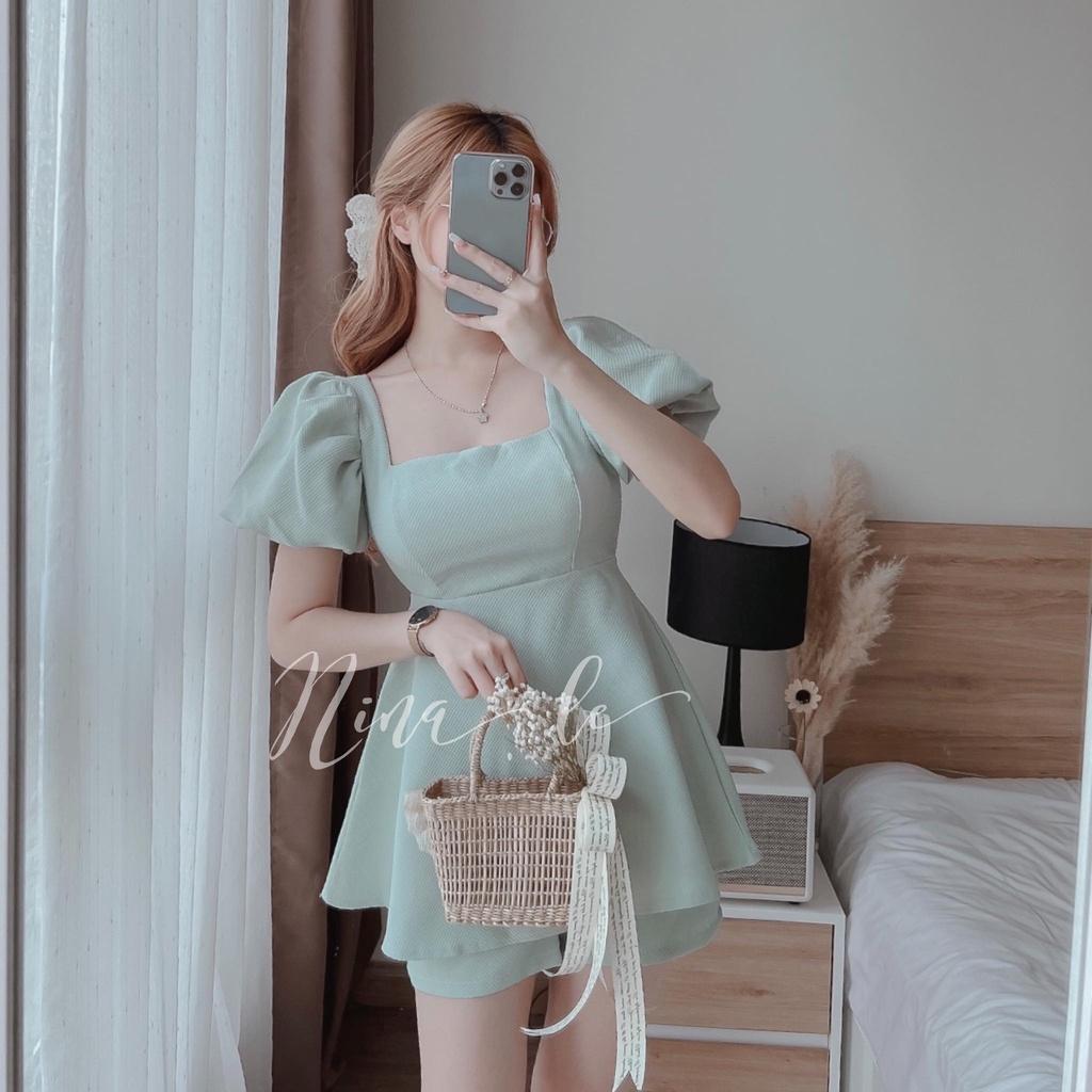 Sét bộ áo tay phồng cổ vuông phối quần đùi màu sắc dịu dàng thời trang nữ dự tiệc, dạo phố
