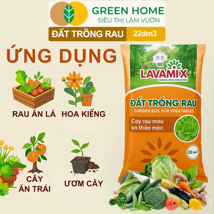 Đất Trồng Rau GreenHome, Bao 22dm3 (11kg), Hữu Cơ, Tiện Lợi, Đầy Đủ Dinh Dưỡng Cho Các Loại Rau, Củ, Quả